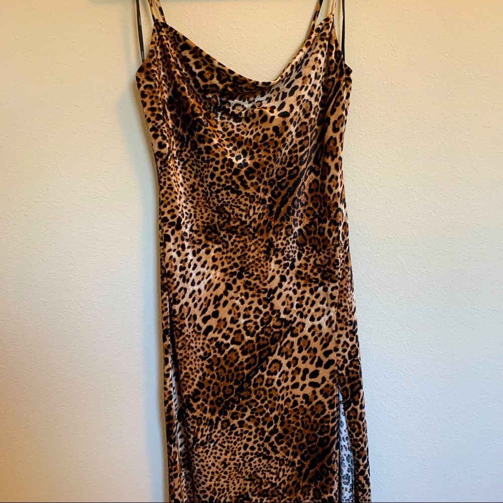 NWT Forever 21 Long Leopard Dress with Cowl Neckline and Leg Slit - Size M